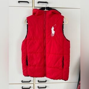 Ralph Lauren Red Puffer Vest Hooded White Big Pony Outdoor Streetwear Medium